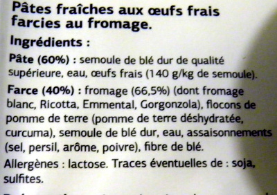 Raviolis 4 fromages ingredients label