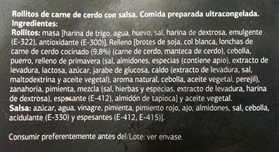 Rollitos de primavera con carne ingredients label