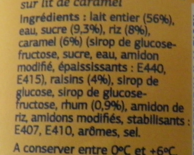 Riz au lait Rhum-Raisins ingredients label