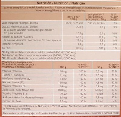 Muesli Crocante com Chocolate negro nutrition facts table