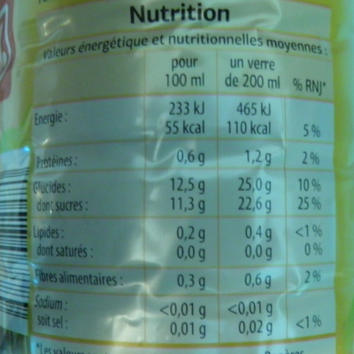 Pur Jus Orange-Mandarine-Raisin Dia nutrition facts table