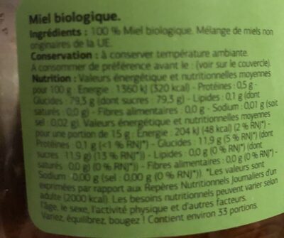 Miel bio ingredients label