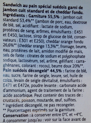 Polaire jambon cheddar Sandwich au pain spécial ingredients label