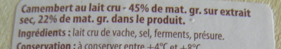Camembert au Lait Cru - Moulé à la Louche ingredients label