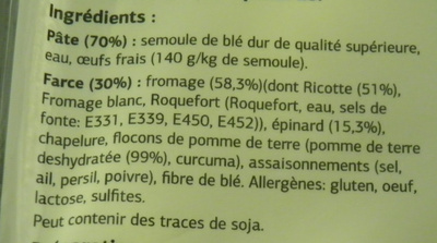 Tortellini Ricotte & épinards ingredients label