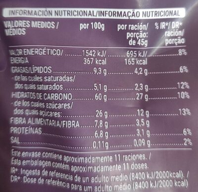Muesli 50%frutas y frutos secos nutrition facts table