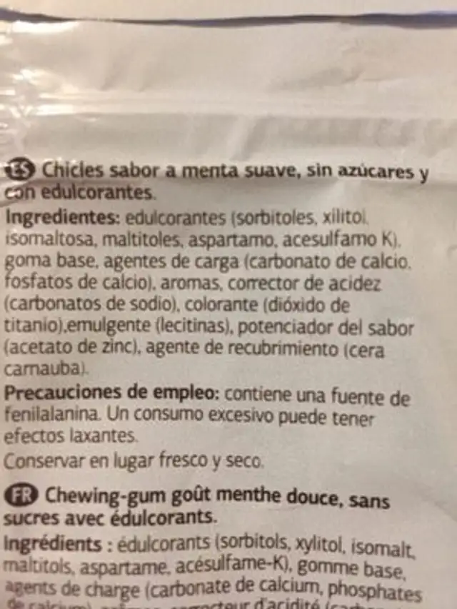 Chicles sabor menta suave ingredients label