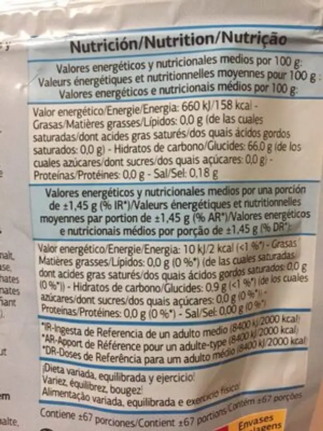 Chicles sabor menta suave nutrition facts table