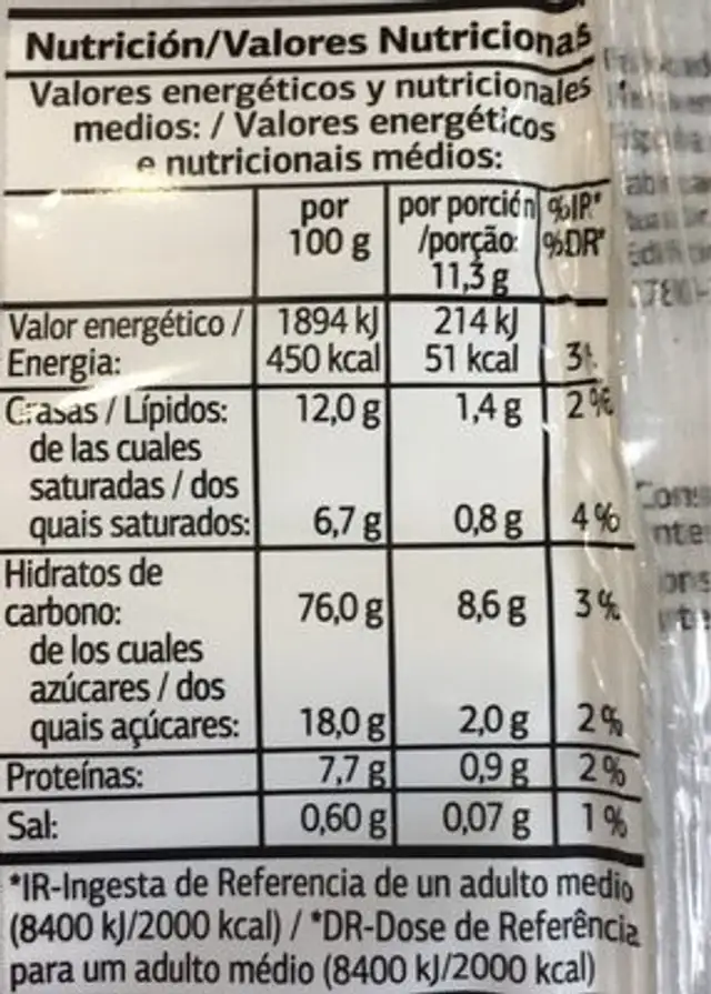 Tortitas de maíz con chocolate negro nutrition facts table