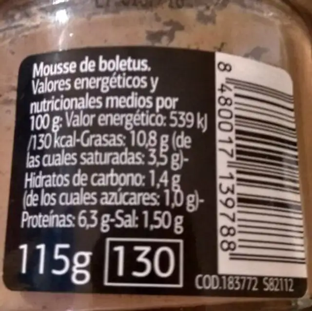 Mousse de Boletus nutrition facts table