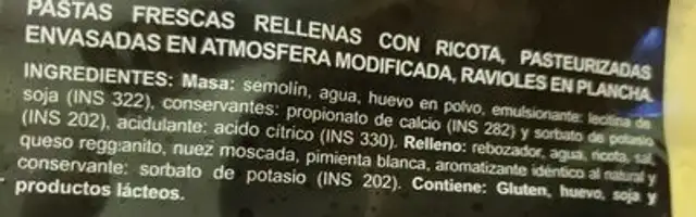 ravioles con ricota marca dia ingredients label