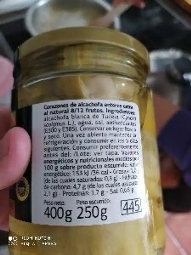 Corazones de alcachofa ingredients label