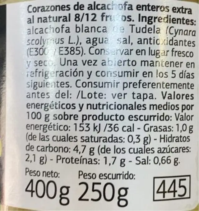 Corazones de alcachofa nutrition facts table