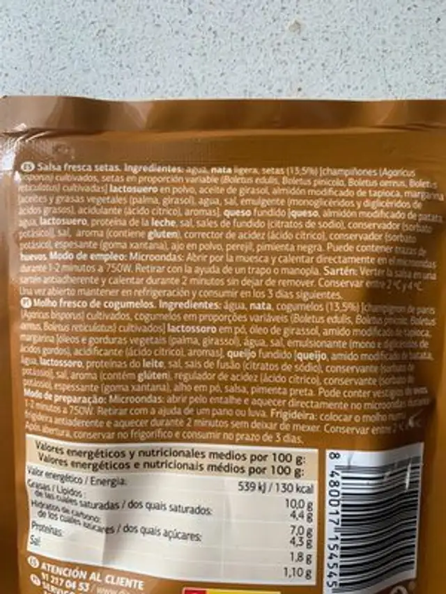Salsa setas ingredients label