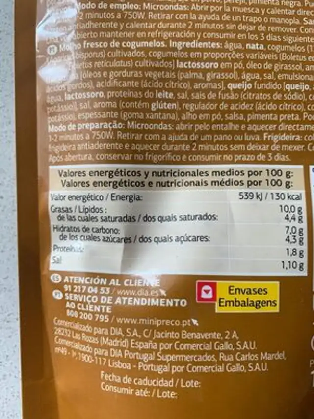 Salsa setas nutrition facts table
