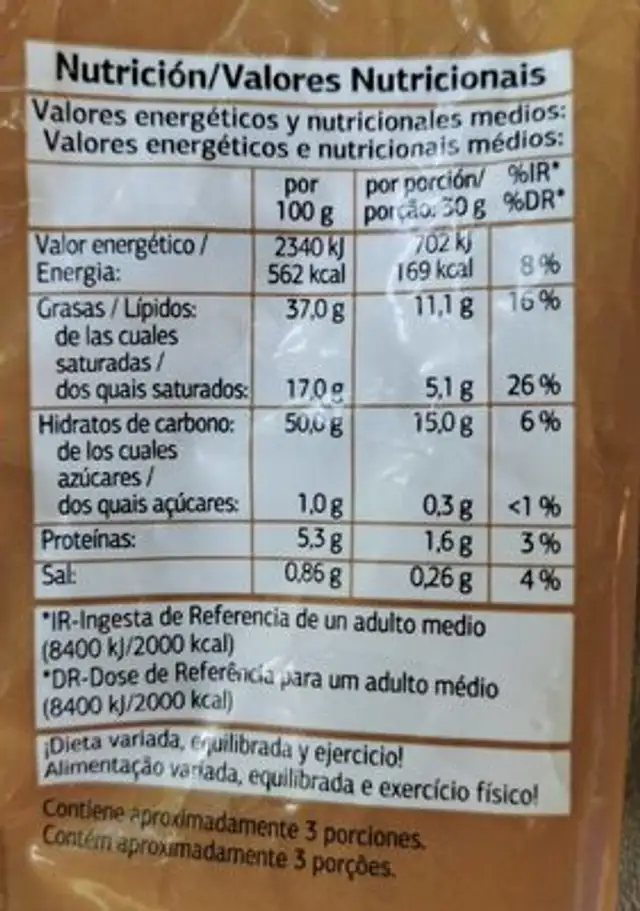 Patatas Paja nutrition facts table