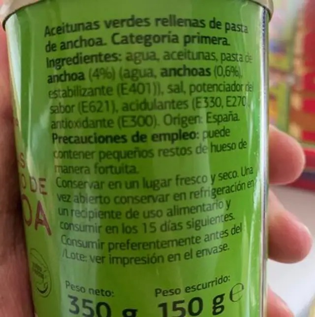 Aceitunas con relleno de anchoa ingredients label