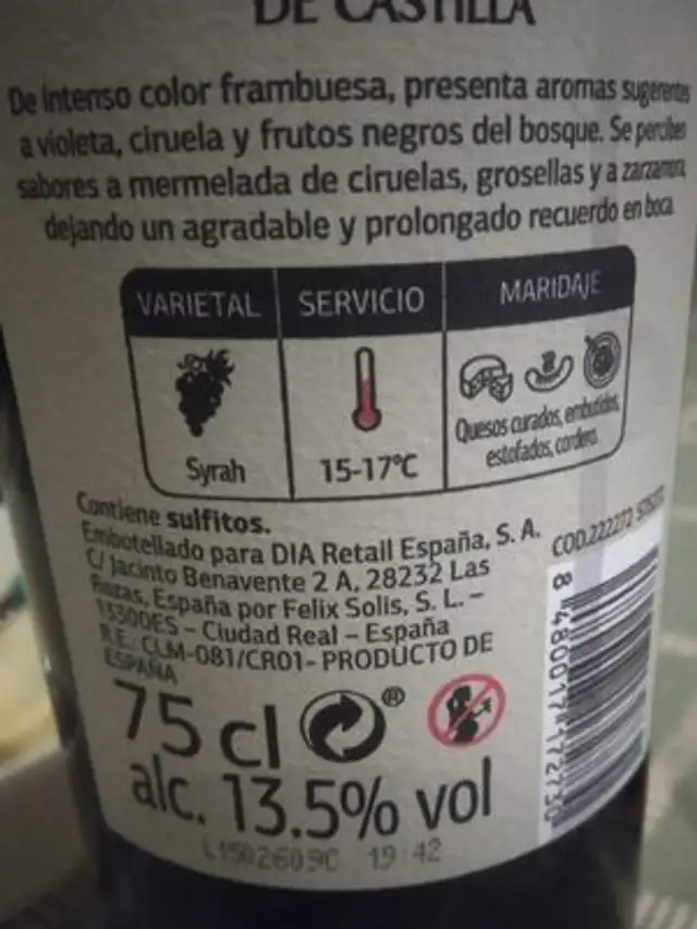 Vino nutrition facts table