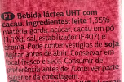 Leite com Chocolate Batido Cacao ingredients label