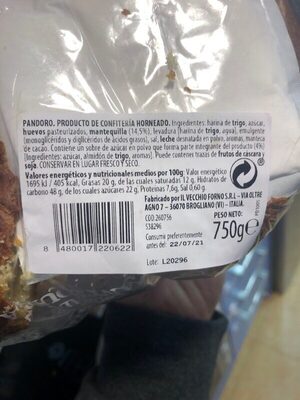Pandoro clásico ingredients label