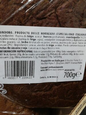 Pandoro clásico nutrition facts table