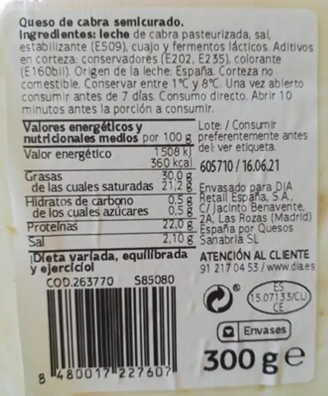 Queso de cabra nutrition facts table