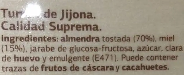 Turron de jijona artesano ingredients label