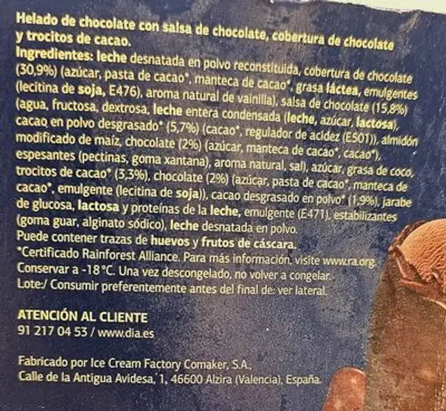 Temptation Mini ingredients label