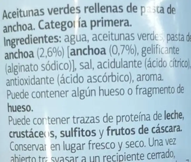 Aceitunas rellenas de anchoa ingredients label