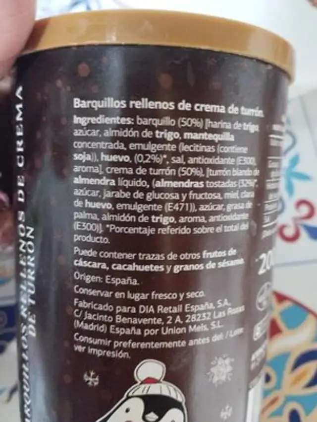 Barquillos rellenos de crema de turrón ingredients label