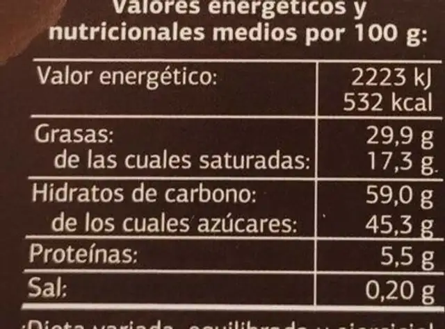 Placer inme Día to temptation nutrition facts table