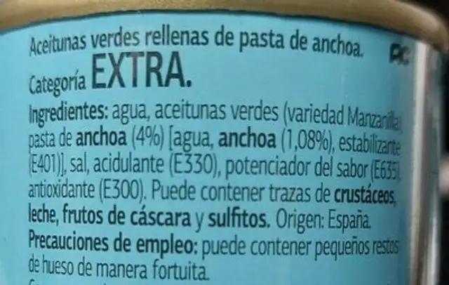 Anchoa Suave ingredients label