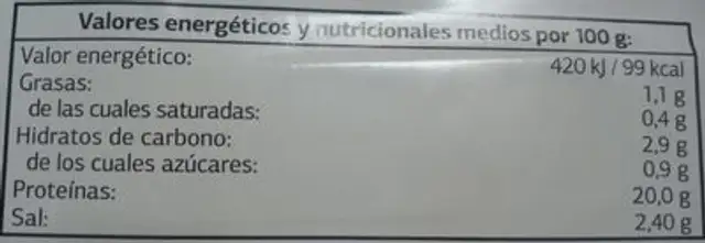 Cerdo Pincho dia nutrition facts table