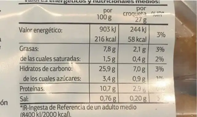 Croquetas de jamon nutrition facts table