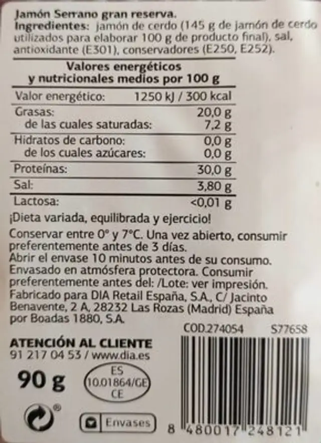 Jamón Serrano Gran Reserva nutrition facts table