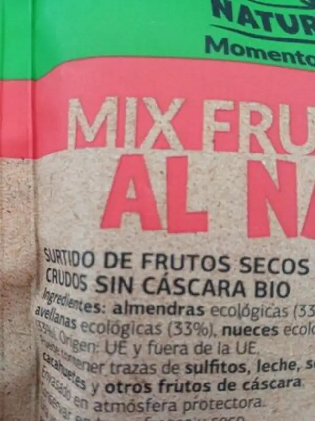 Mix frutos secos al natural ingredients label