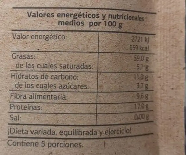 Mix frutos secos al natural nutrition facts table