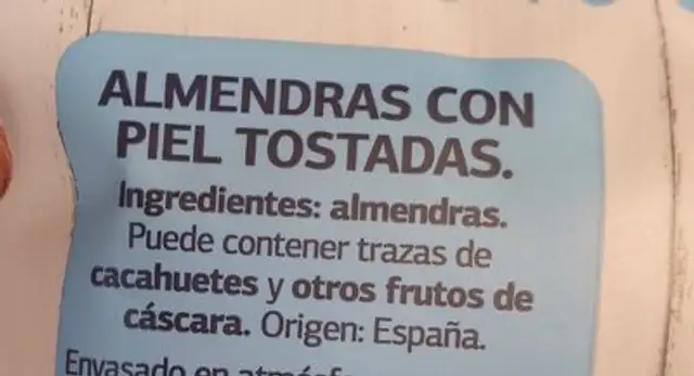 Almendras tostadas sin sal ingredients label