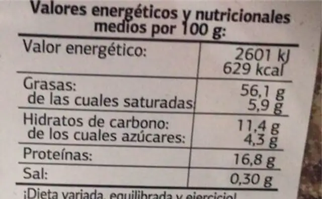 Natur Mudo frutos secos nutrition facts table