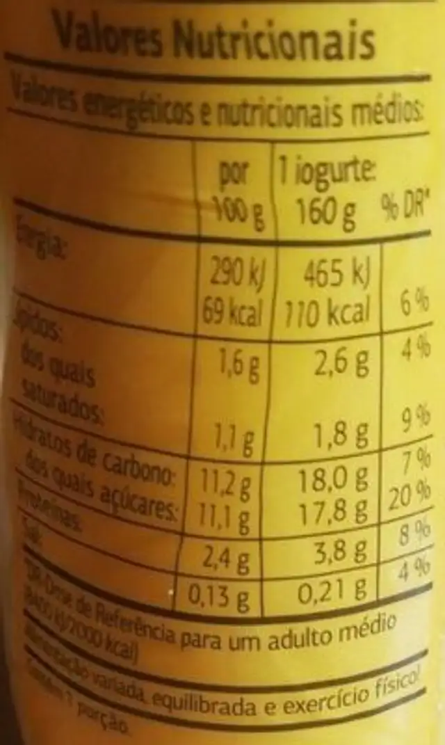 Iogurte Líquido Banana nutrition facts table