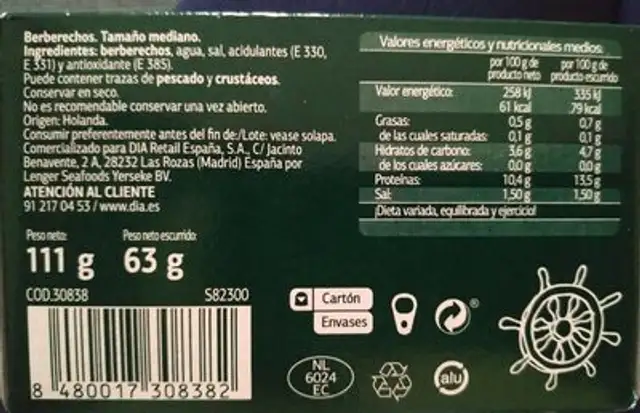 Berberechos mediano nutrition facts table