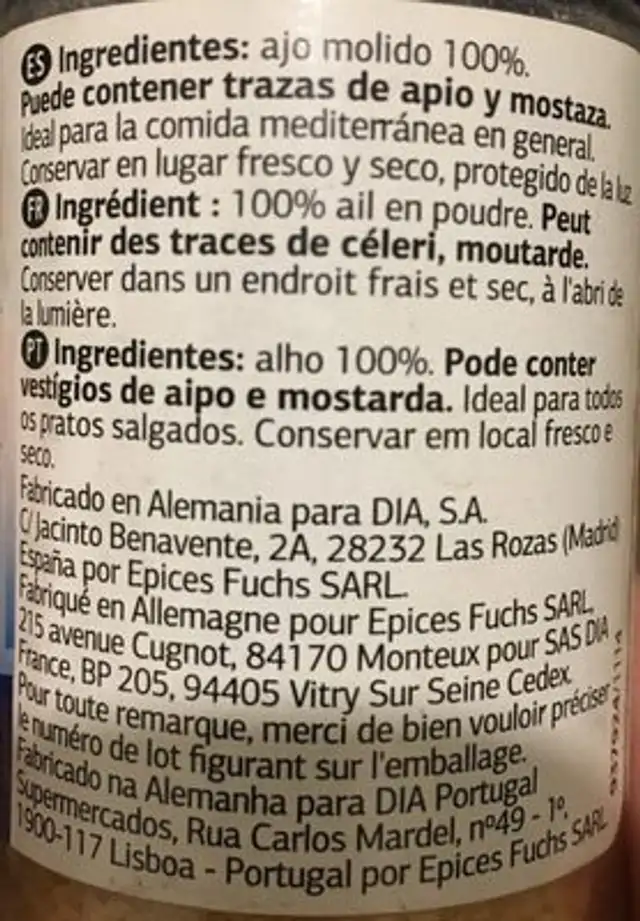 Ajo en polvo ingredients label