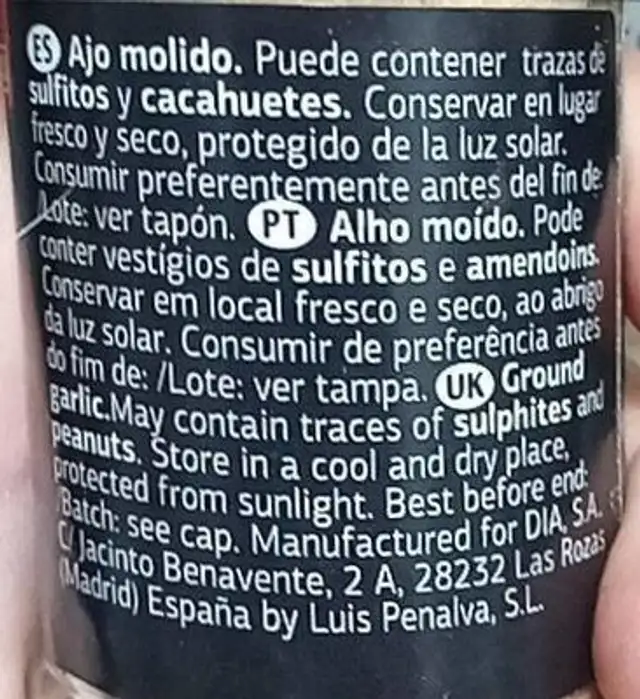 Ajo en polvo nutrition facts table