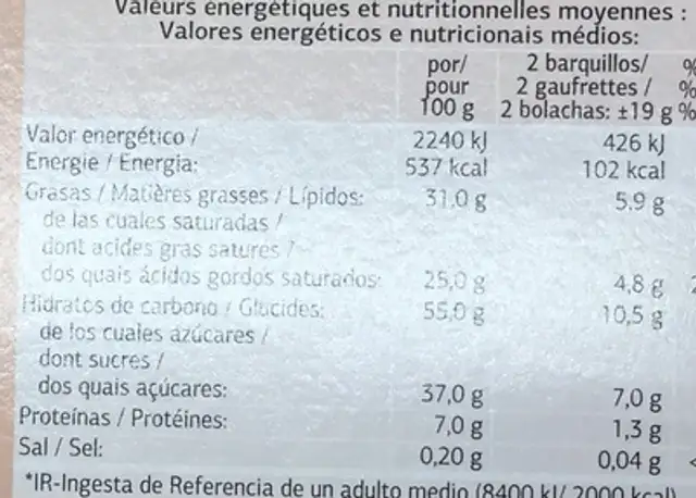 Gaufrettes fourrées et enrobées de chocolat nutrition facts table