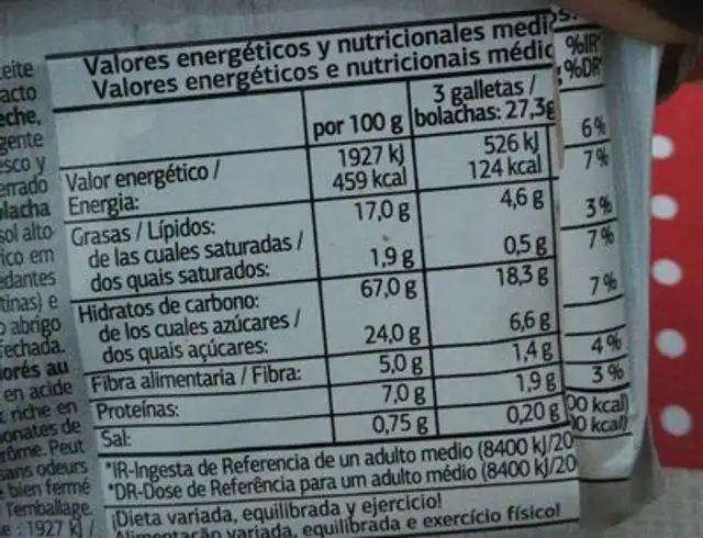 Galleta fibra nutrition facts table