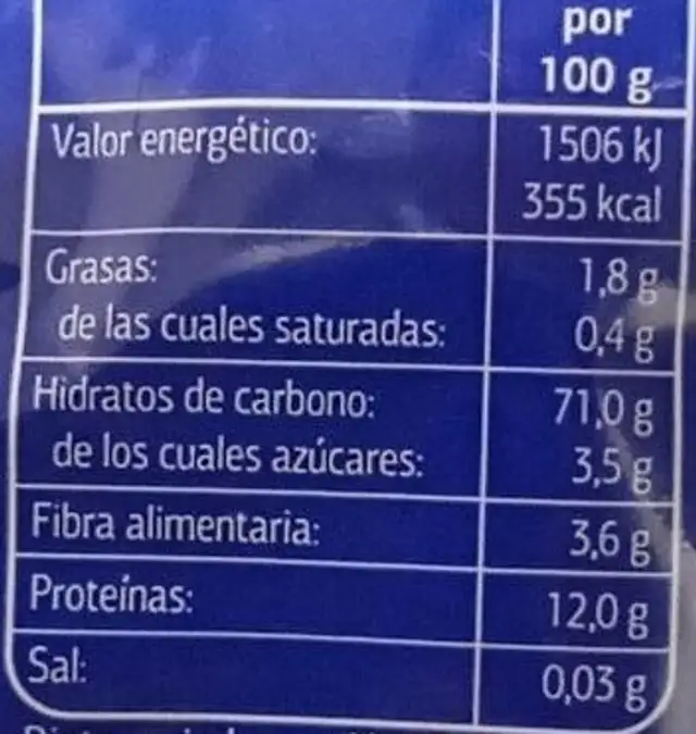 Macarrón nutrition facts table