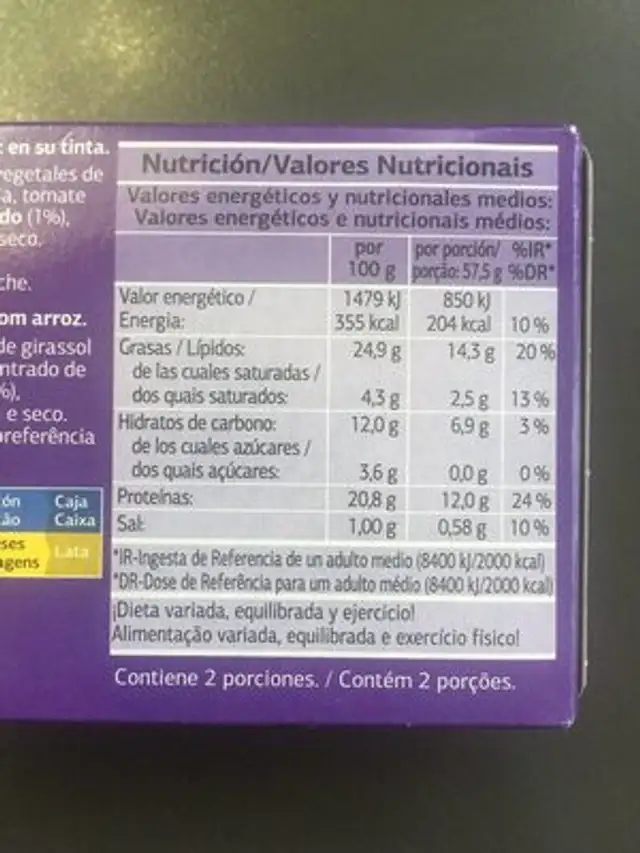 Chipirones rellenos en su tinta ingredients label