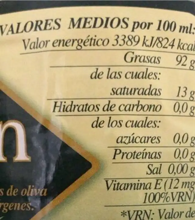 Olilán nutrition facts table