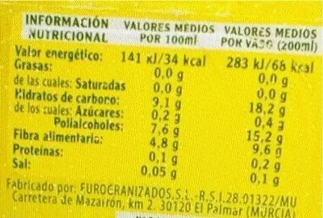 Granizado de limon sin azucar nutrition facts table