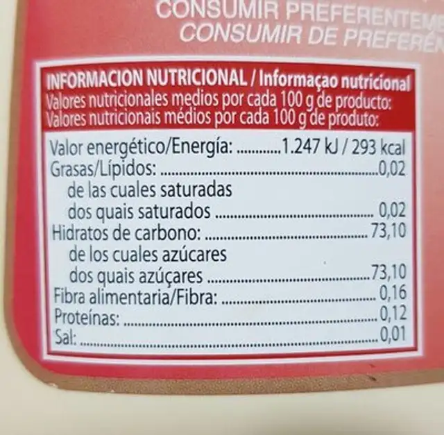 Sirope de fresa nutrition facts table
